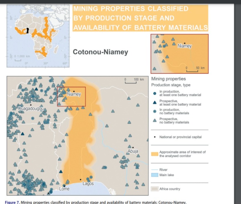 Mining properties and battery materials along Cotonou–Niamey